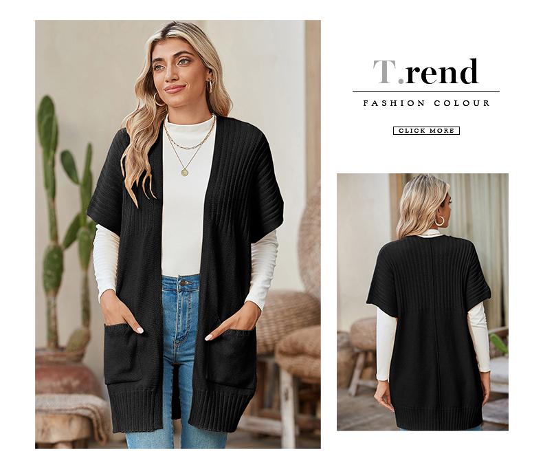 Shewin 2026 Spring Cozy Ribbed Open-Front Cardigan Women's Oversized Short-Sleeve Knit Layering Piece with Pockets for Daily Wear Basic Cotton Blend Shortsleeve