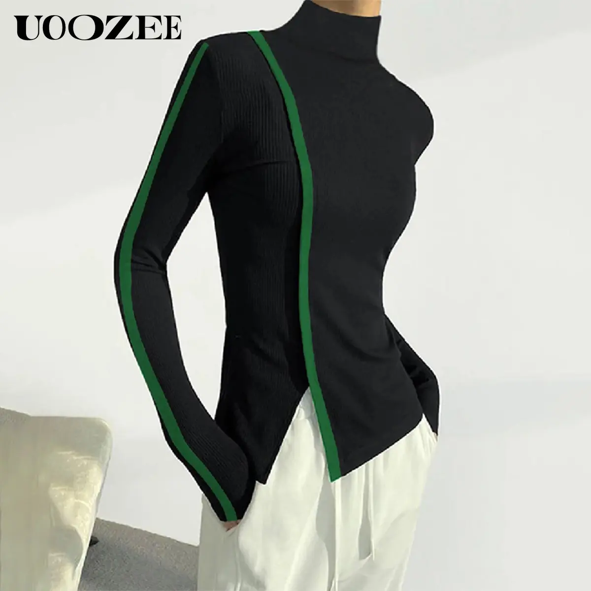 UOOZEE Women's Minimalist Chic High Neck Long Sleeve Knit Top - Slim-Fitting, Medium-Length, Solid Color, Slit Design, Elastic Breathable Polyester, Daily Casual Outfits, Black Basic Top, Casual & Minimalist Women's Knitwear, Casual Women's Knitwear