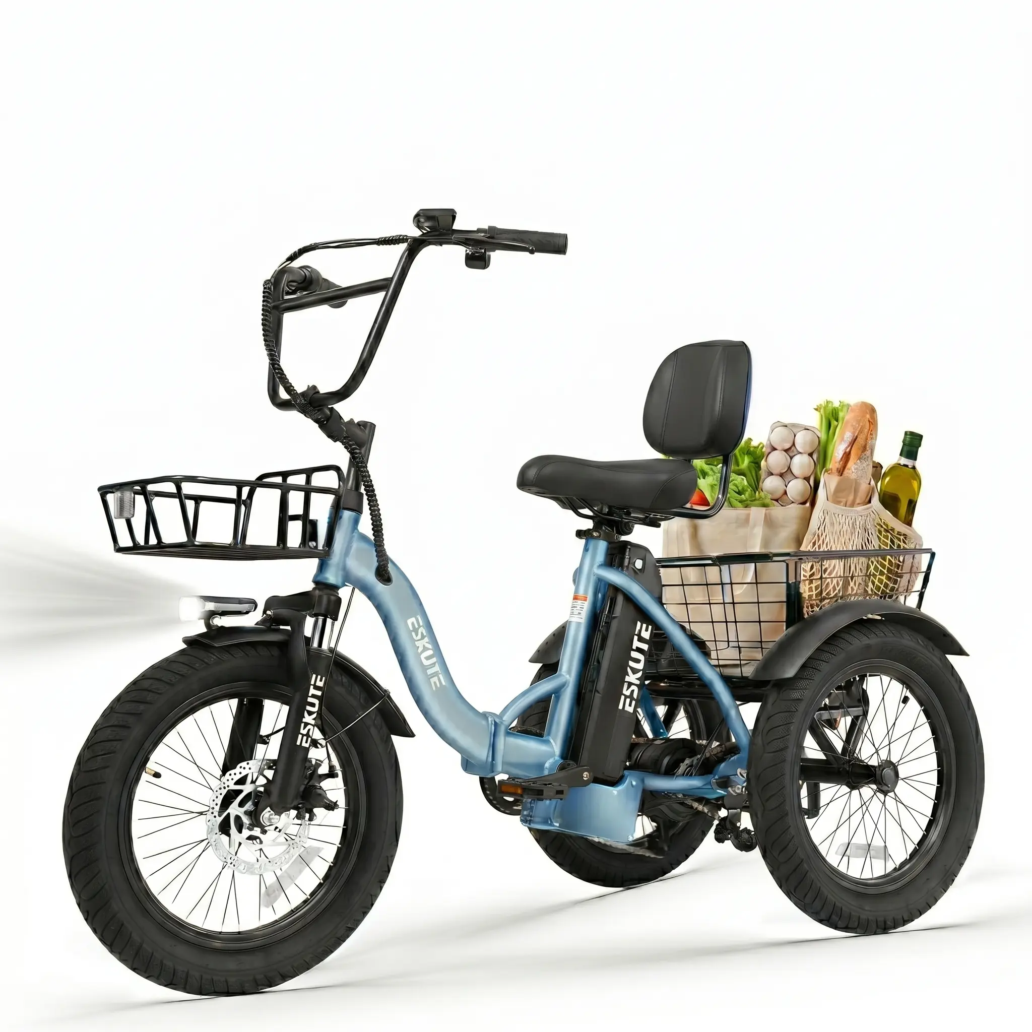 ESKUTE T300 Unisex Adult Electric Trike - 3-Wheel Low Step-Thru Frame Ebike Fat Tire, Foldable 1200W Motor, 55 mi Range, 18" Tires, Wide Seat with Backrest, Utility Cart Cargo Basket, Throttle Mode