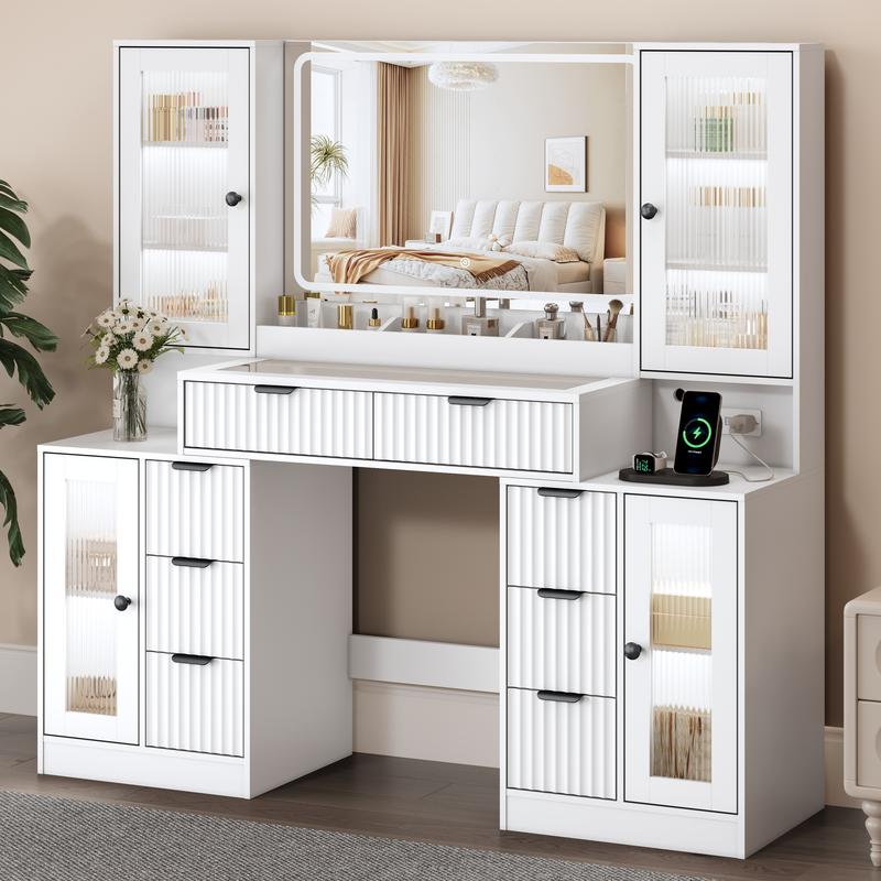 Fluted Makeup Vanity Desk with Mirror and Lights, 55" Glass Top Vanity with 8 Drawers & 4 RGB Glass Cabinets, Adjustable Shelves & Power Outlet, Modern Dressing Table for Women Girls Bedroom, Oak