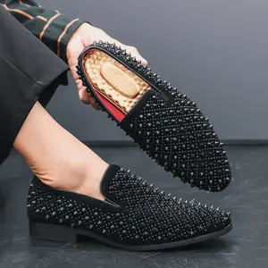 Men's Spiked Loafers Leather Slip-On Dress Shoes Black Studded Punk Style Smoking Slippers Statement Footwear for Prom Wedding and Club Parties