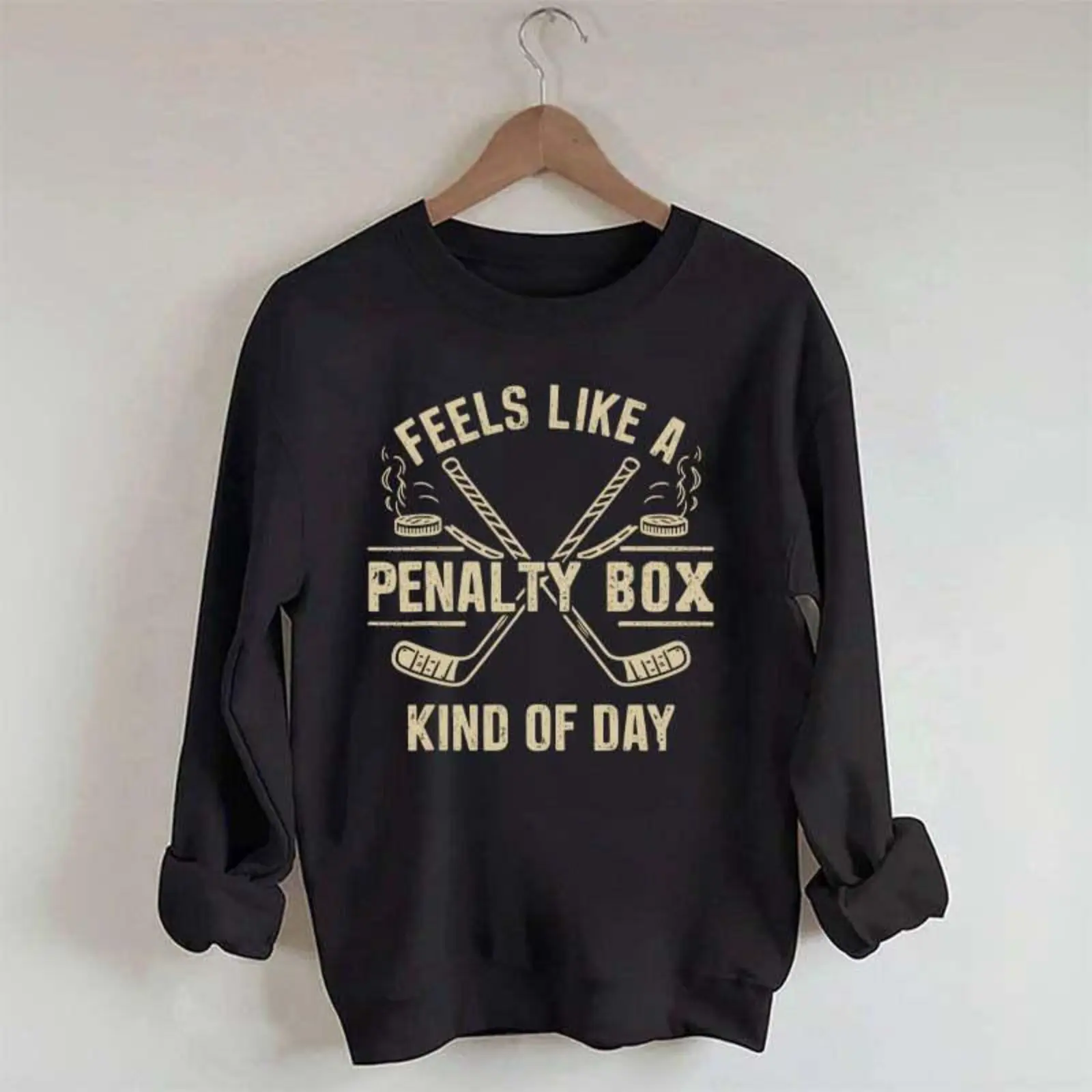 Hockey Enthusiast Longsleeve Hoodie Tops - Casual Sporty Sweatshirt with "Feels Like a Day in the Box" Humor Graphic, Party Fan Accessory