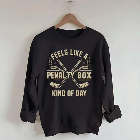 Lady's Long Sleeve Printed Hooded Pullover Sweatshirt - Soft Cotton Blend, Classic Fit, Sweet "Feels Like a Day in the Box" Graphic, Modest Athletic Casual Tops for Women, Hockey Enthusiast Festive Party Accessory (Home & Party Supplies)