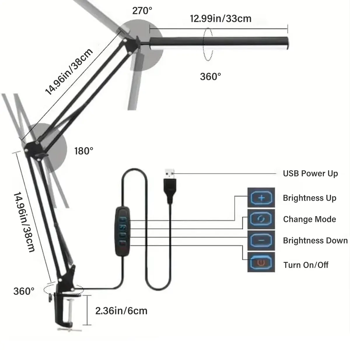 Computer LED Desk Lamp with Clamp Flexible 4 Sections Swing Arm, 4 ...