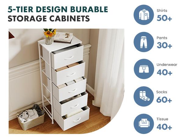 Fabric Dresser for Bedroom, 5-Drawer Tall Dressers, Storage Organizer with Fabric Bins, Wood Top, Sturdy Steel Frame, Chest of Drawers for Closet, Hallway