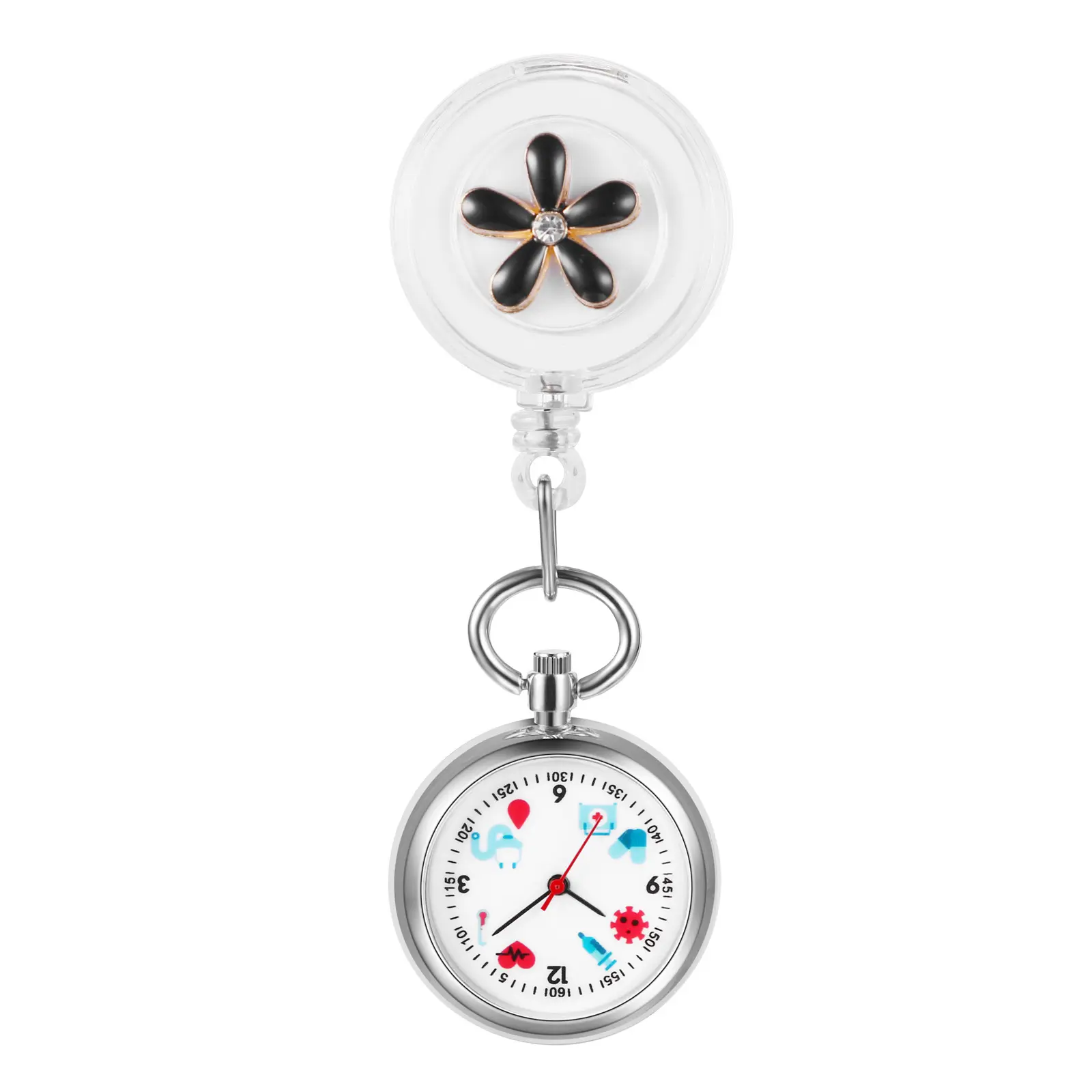OIDEA Nurse Watch with Flower Motif, Lightweight Clip-on Fob with Retractable Reel, Easy-Read 1.25 in Medical Dial, Splash Resistant, Analog, Retractible, Splashproof, Round