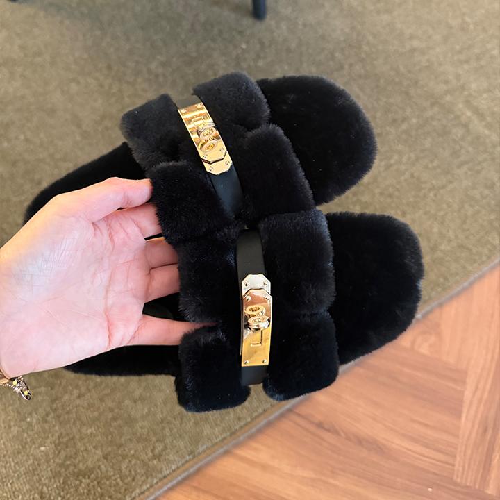 Women's Fuzzy Fashion Slippers w/ Metal Buckle SpringStatements