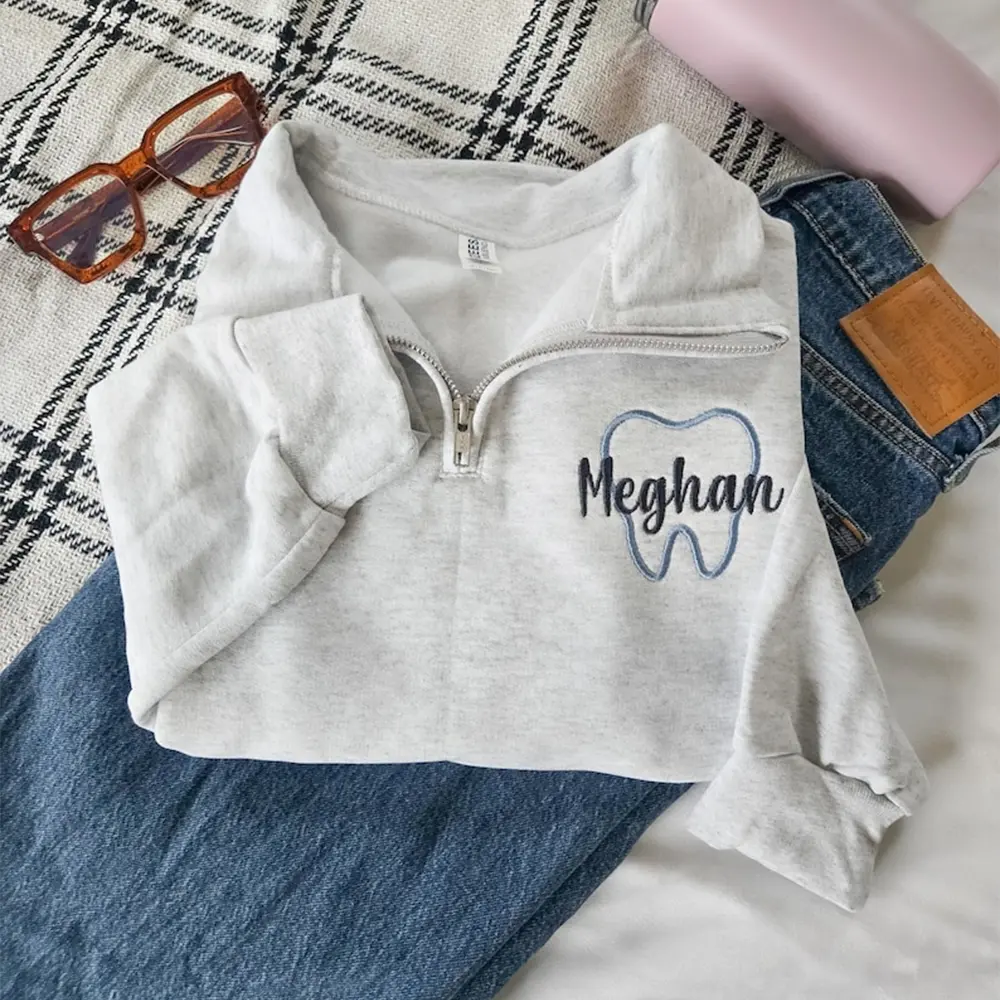 Custom Dental Hygienist Embroidered Quarter Zip Sweatshirt, Dentist Pullover, Dental Assistant Office Wear, Cute Cozy Work Sweater, Unique Gift for Her
