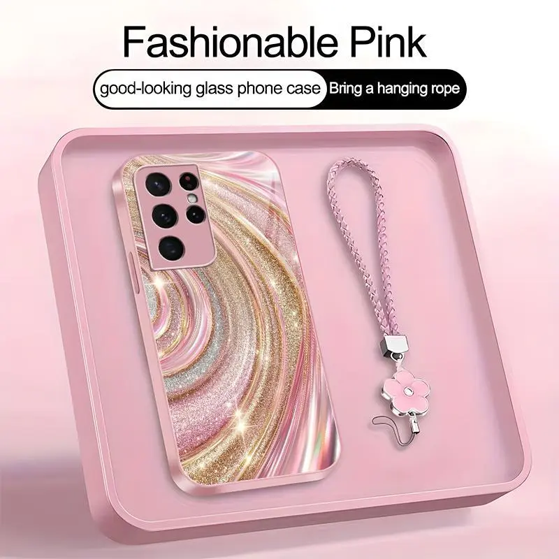 Luxury Rose Gold Swirl Phone Case with Flower Lanyard, Glitter Pink Art Aesthetic Cover for Galaxy S21 Ultra 5G — 975