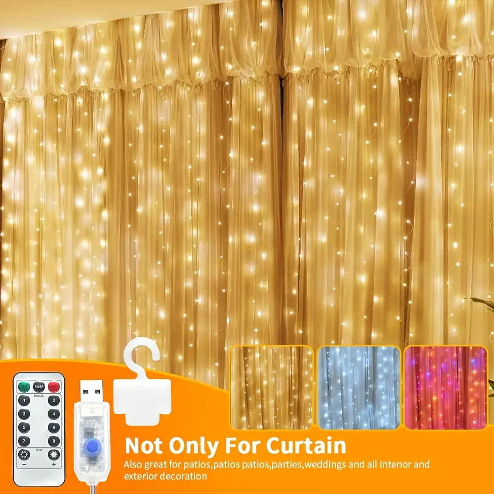 1pc Brushed Metal Finish Fantasy Curtain LED Light - 300 LEDs, USB Powered, Remote & Touch 8 Modes, Home Lighting, for Room & House Decor, Valentine's Day Weddings Party, Room Accessories, Cool Stuff For Room
