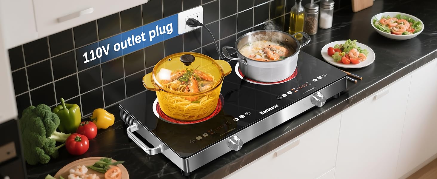 Karinear 2000W Portable Electronic Induction Cooktop - Double Burner Energy-Saving Multi-Function Induction Hobs, Cooking Equipment with Handle, Child Safety Lock, Knob & Touch Controls, 9-Level Adjustable Temperature, US Plug Kitchen Appliance