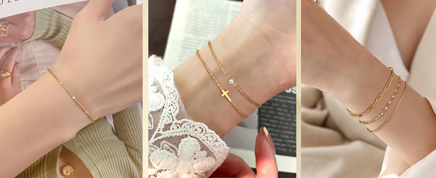 7 PCS Gold Bracelets for Women 14K Gold Plated Dainty Cuff Chain Set Waterproof Adjustable Thin Link Jewelry Trendy Stackable Bracelets Classic Gold & Silver Tones Hypoallergenic Safe Materials