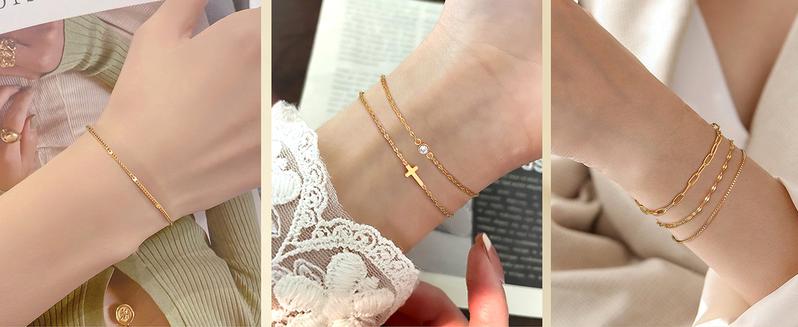 7 PCS Gold Bracelets for Women 14K Gold Plated Dainty Cuff Chain Set Waterproof Adjustable Thin Link Jewelry Trendy Stackable Bracelets Classic Gold & Silver Tones Hypoallergenic Safe Materials