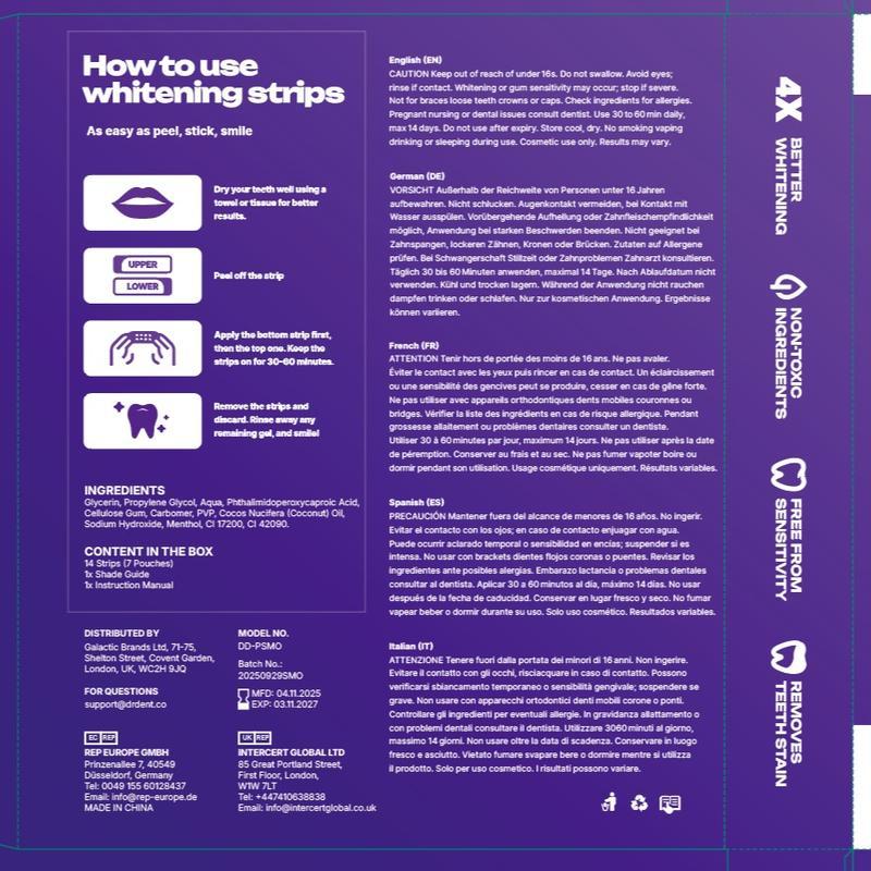 DRDENT Purple Teeth Whitening Strips - 42 strips 21 Whitening Sessions - Safe for Enamel - Tooth Stain Treatment - Non Sensitive Teeth Whitening - Peroxide-Free DRDENT Purple Teeth Whitening Strips - 42 strips 21 Whitening Sessions - Safe for Enamel - Tooth Stain Treatment - Non Sensitive Teeth Whitening - Peroxide-Free