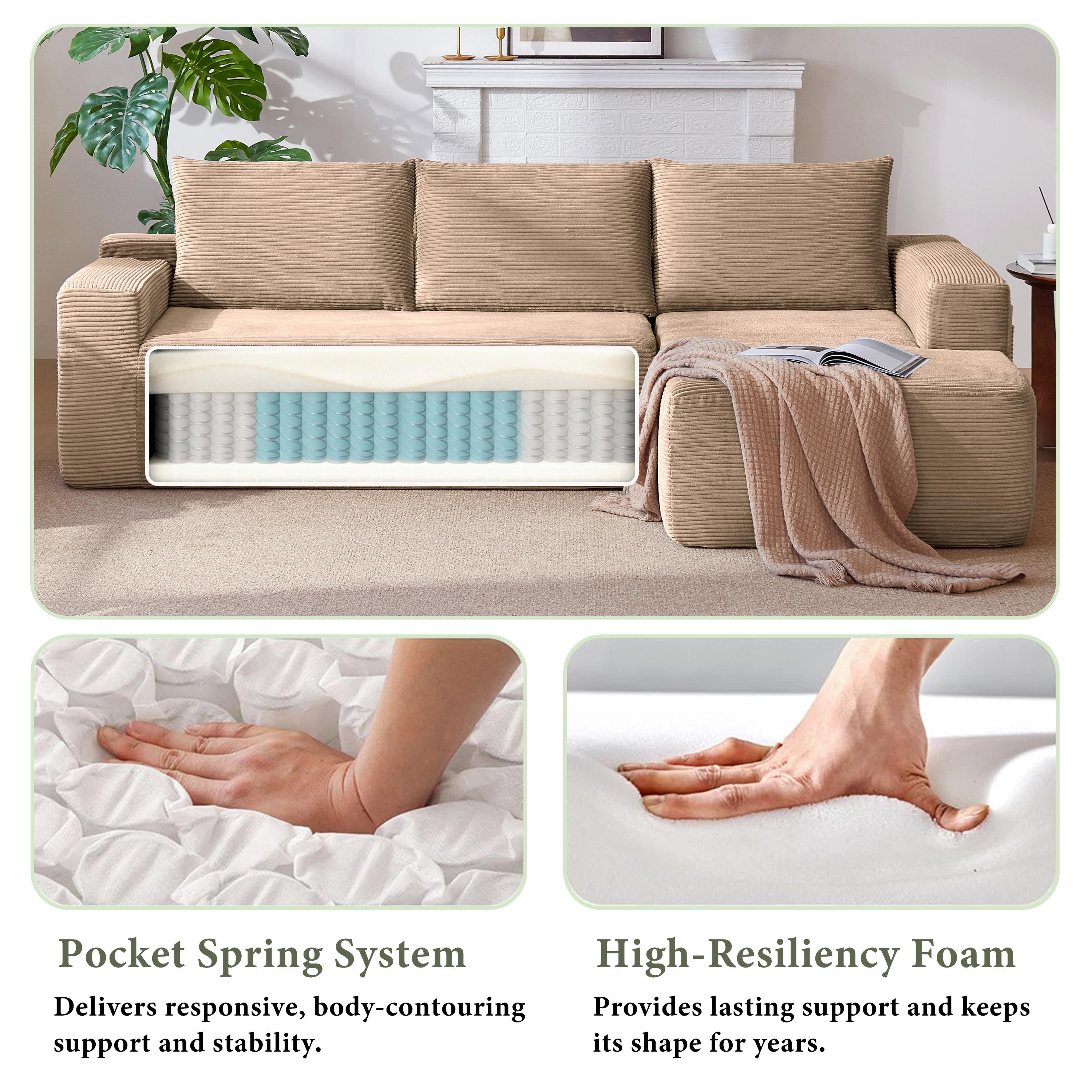 96.9" Cloud Sectional Sofa with L-Shape Chaise and Side Pockets , bonelesscouches compression  bed ,Modern Modular Design, Deep Seating, Upholstered  for Living Room/Bedroom, No Assembly Required (Corduroy Fabric), Left-facing