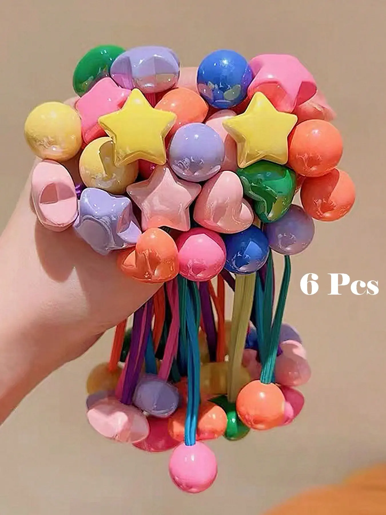6pcs Multicolor Cute Beaded Heart Flower Star Hair Ties Elastic Double Strand Non-Damaging Hair Bands Ponytail Holders Sweet Daily Hair Accessories Elastic Hair Accessory Hairstyle Accessory