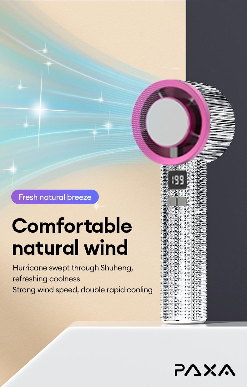 PAXA M15 Full Diamond Luxury Craftsmanship Portable Handheld Turbo Fan, 3 Gear Wind, Rechargeable Long Battery Life Hand Fan With Digital Display For Outdoor Activities, Travel, Office, Wonmen's gift