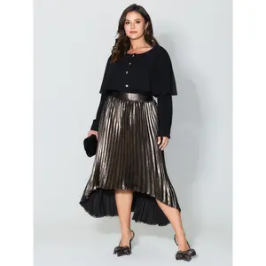 BLOOMCHIC Plus Size Metallic Shimmer High-Low Hem Pleated Midi Skirt [M-6X] 2026 Summer Vibes Swimweek