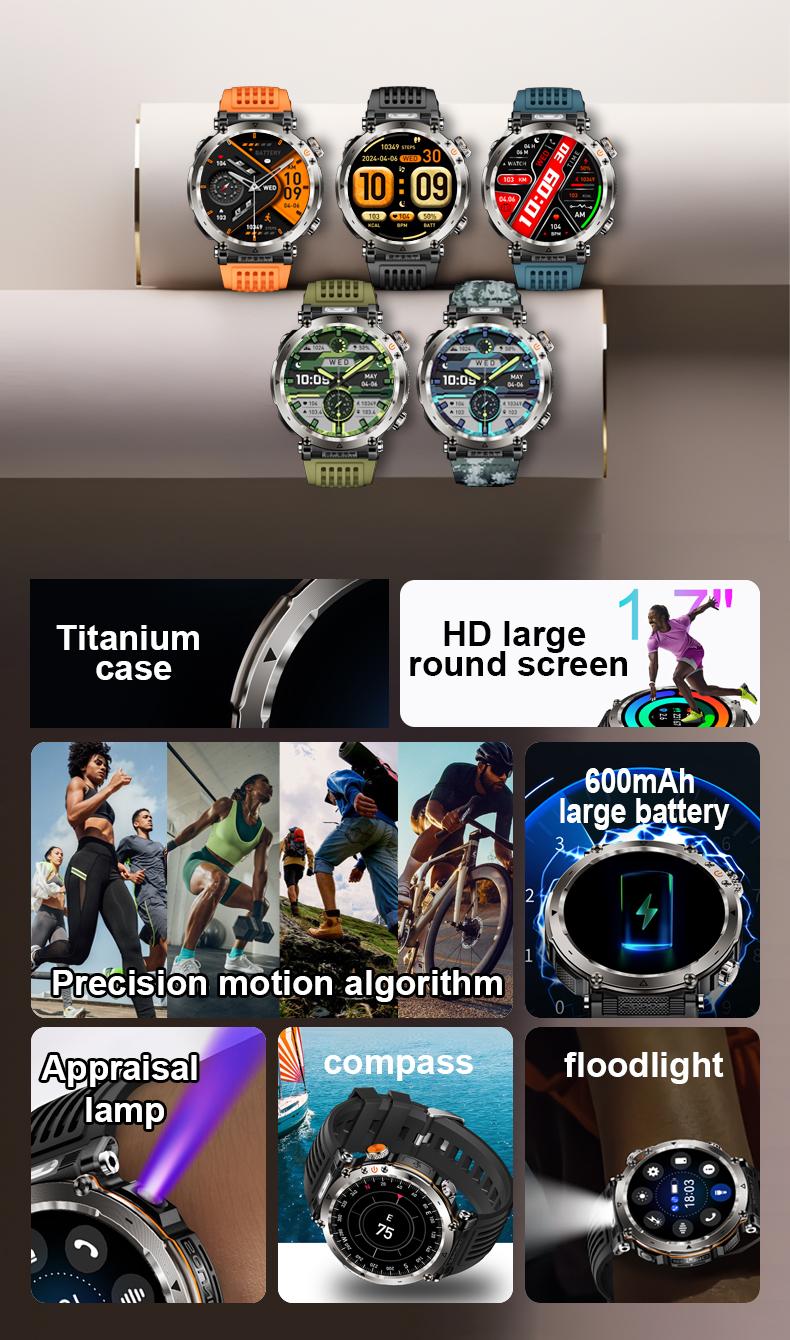 New 2026 Manly Style Smart Sports Watch LED Lights Wireless Calling Message Reminders Sports Mode Voice Assistant Weather Push Stopwatch Timer Smartwatch For Men Compatible With Android iPhone Phones