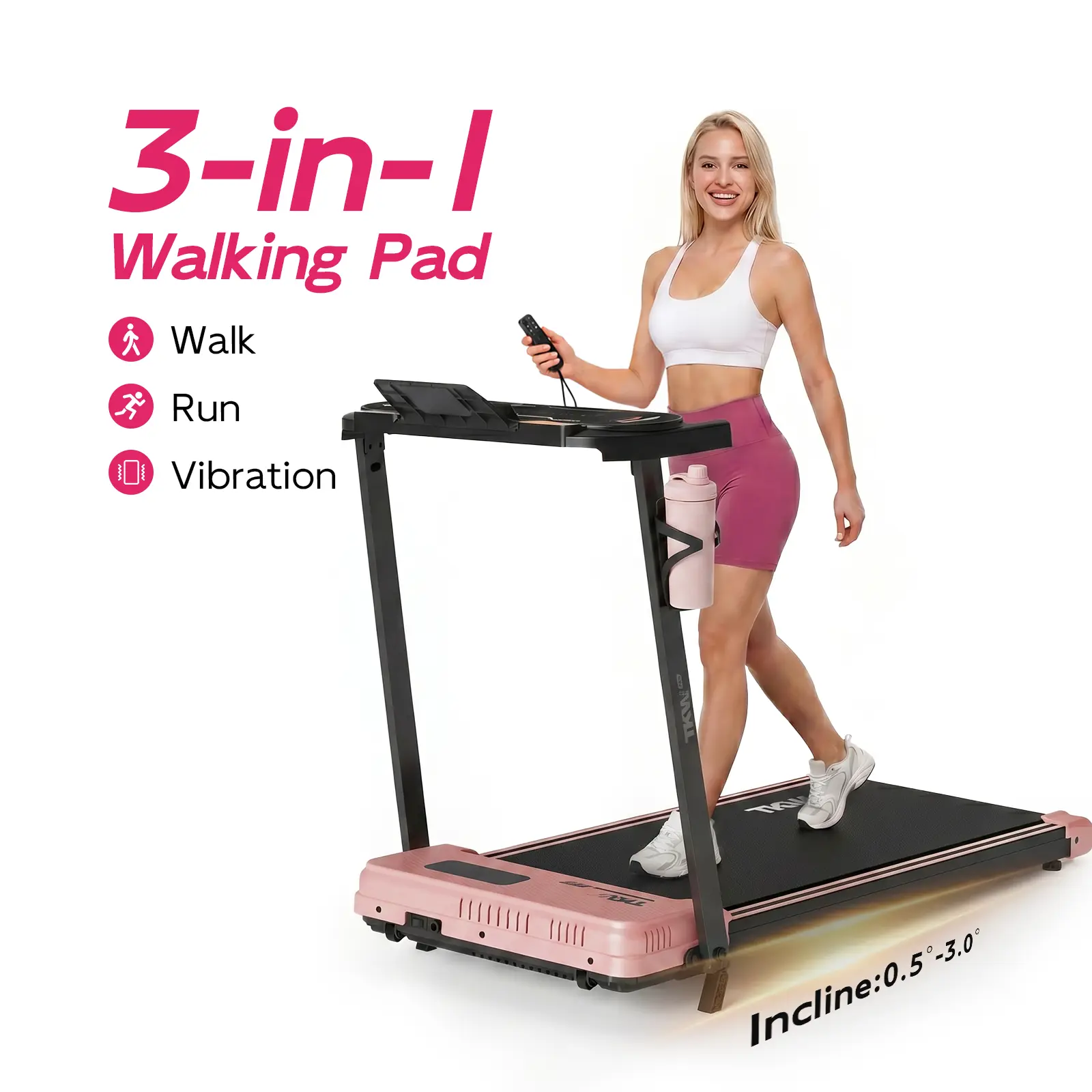 TKW 3-in-1 Vibration Walking pad，Adjustable Incline Treadmill,quiet treadmill，home relaxationwith  Remote Control & Wheels for Easy mobility, LED Display，gym machine，Space-Saving & Portable Design