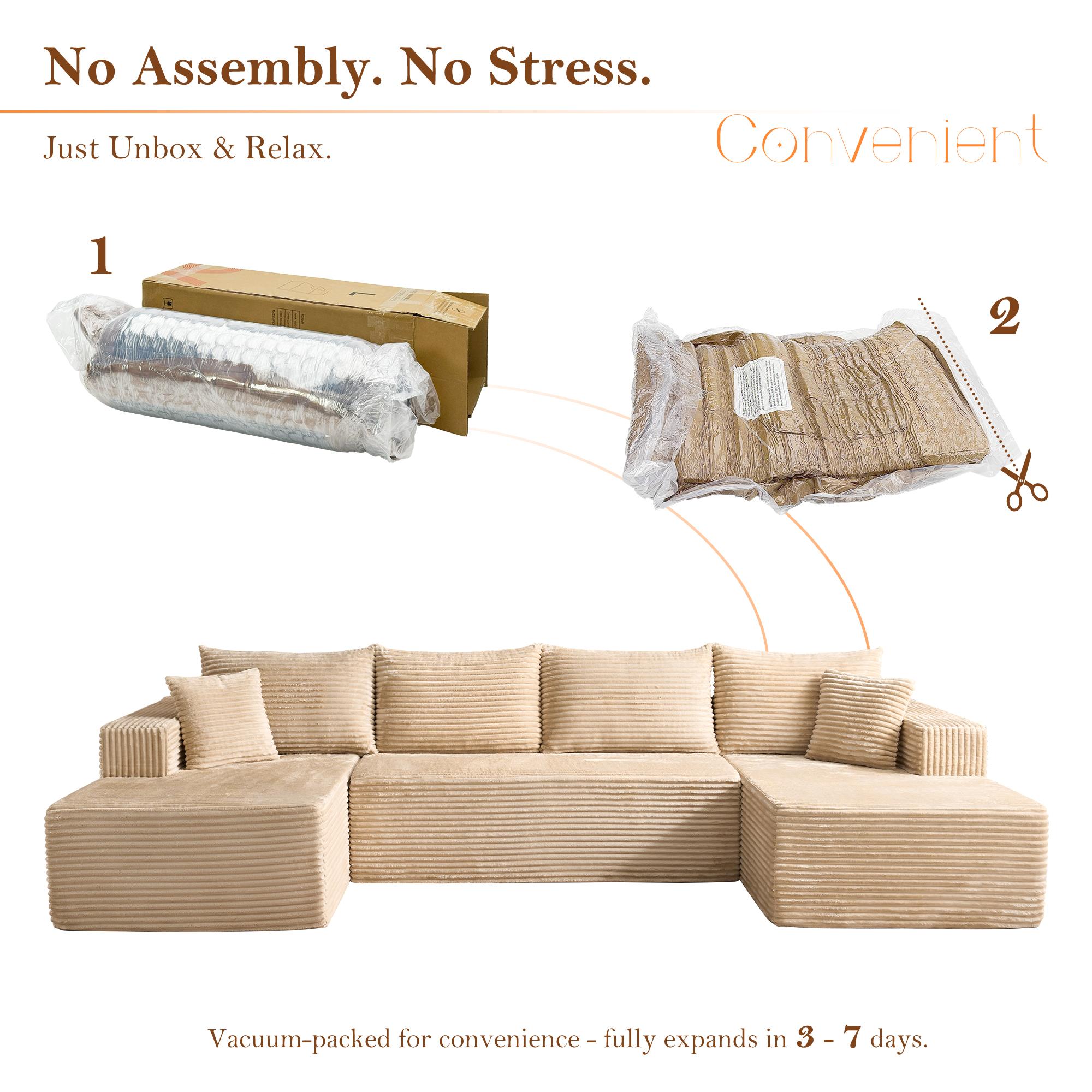 【Shipped in 2 or 3 packages】Popular No Assembly Needed 132'' U-Shape Oversized Cloud sofa Couch - Corduroy Modular Sectional Sofa with 6 Soft Pillows, Deep Seat Boneless Upholstered Couches for Living Room