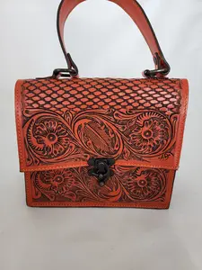 The Marie / Orange Floral Tooled Leather Hand Bag With Crossbody Strap