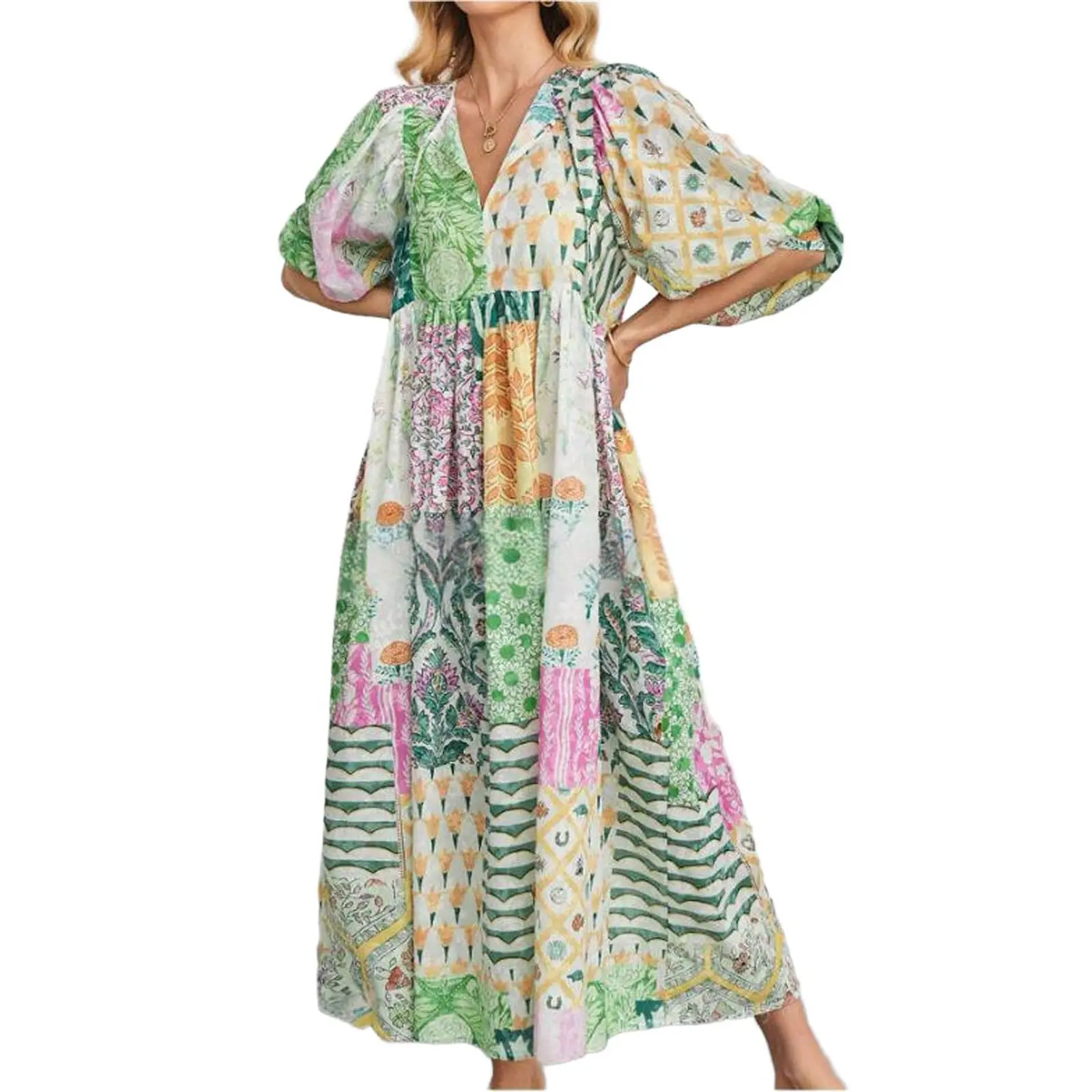 CHARTOU Women's Boho Floral Printed High-Waisted Pullover Polyester Maternity Maxi Dress - Summer Lantern Half-Sleeve, Patchwork, Knot Detail, Beach Flowy Loose Swing, V Neck Tie, Side Pockets, Pleated, Lightweight Boho Style Outfit