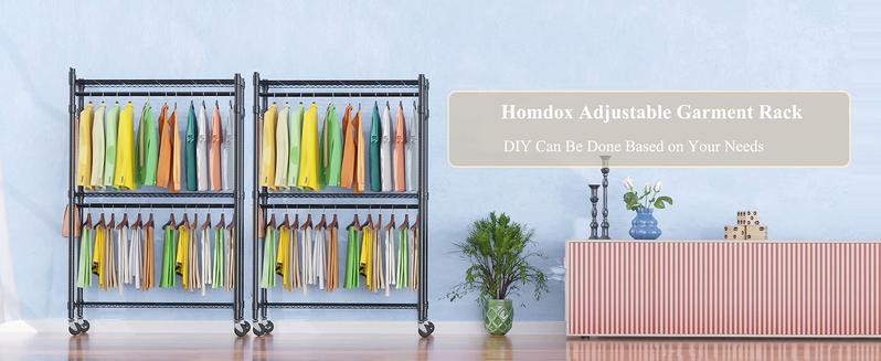 Heavy Duty Clothes Rack on Wheels Metal Garment Rack with Height Adjustable Wire Shelves 80.7"H  Freestanding Wardrobe Laundry Rack with 2 Hanging Rods 2 Side Hooks Clothing Storage for Bedroom, White Outdoorfun