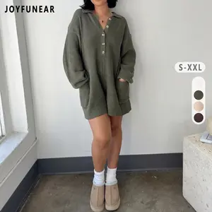 Joyfunear Women's Knit Button-Front Romper in Soft Polyester Fabric with Collared Neckline & Long Sleeves for Effortless Chic Looks Casual Preppy