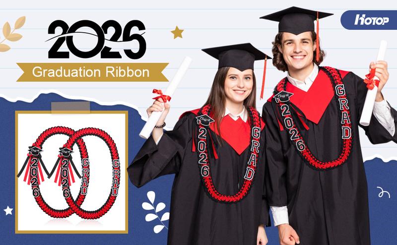 Graduation Leis Class of 2026 1 Pcs Grad Ribbon Double Braided Necklace with Graduation Cap 2026 GRAD Patches Handmade Leis Grad Gifts for Graduates Senior College Students Daughter Son Friends Couples for Graduation Ceremony Party Celebration