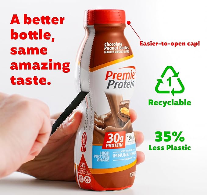 Premier Protein Shake 30g Protein, 1g Sugar, 24 Vitamins & Minerals, Nutrients to Support Immune Health, 11.5 Fl Oz Beverage Drink Energy Sport Peanut preimer