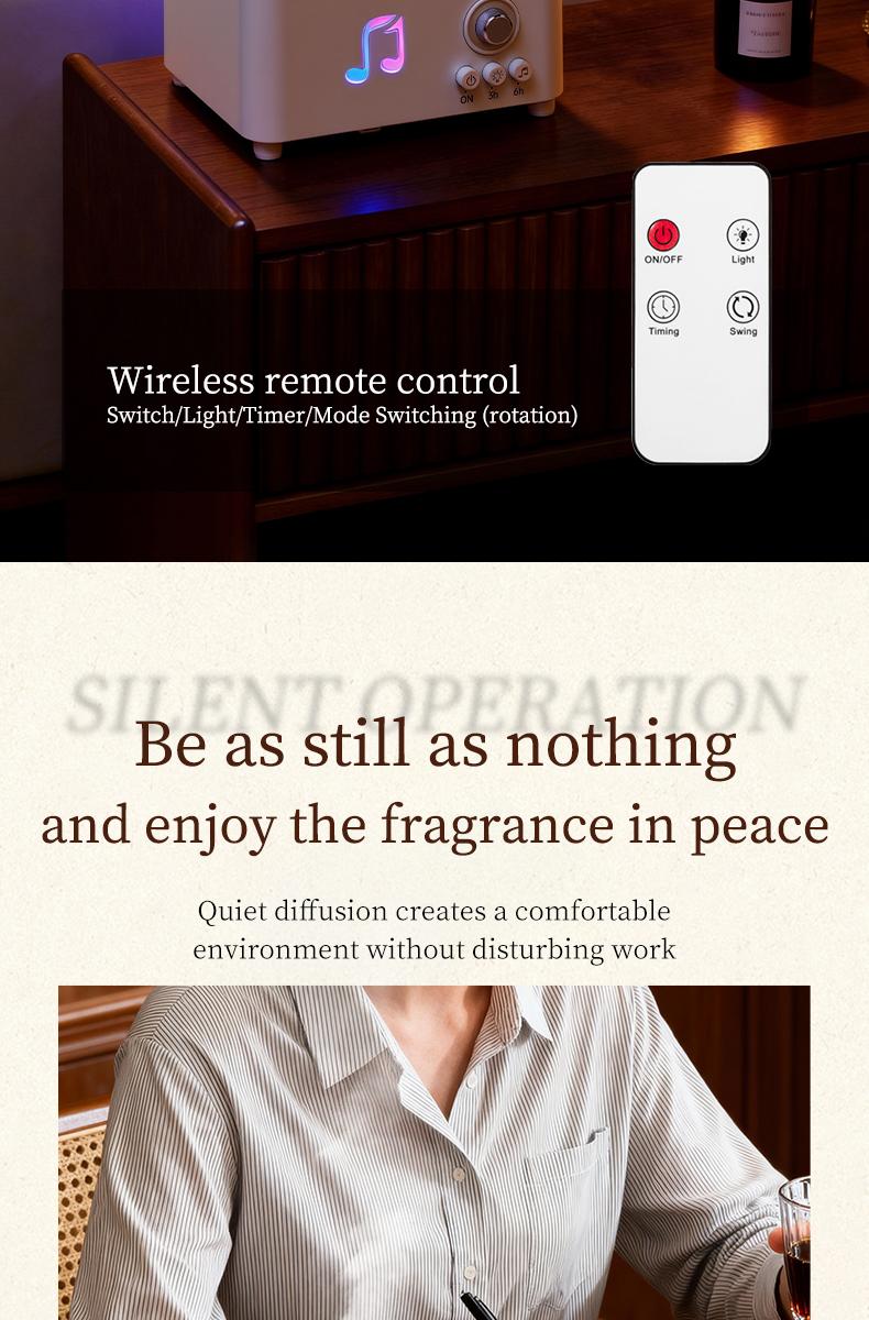 Phonograph-style aroma diffuser and humidifier with white noise and Bluetooth music, includes essential oils, features multiple natural sounds, automatic shut-off when water runs out, and ultrasonic raindrop rotation. A high-end white aroma diffuser gift.