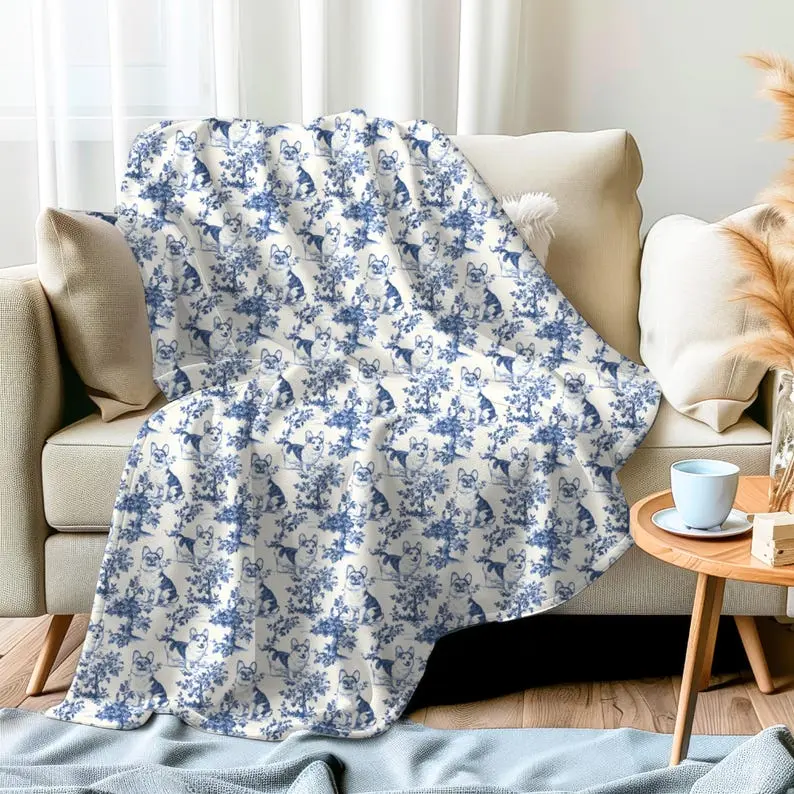 Corgi French Toile Blanket, Velveteen Blue Toile de Jouy Cozy Throw for Corgi Lovers, Toile Pattern Plush Blanket Gift for Dog Lovers