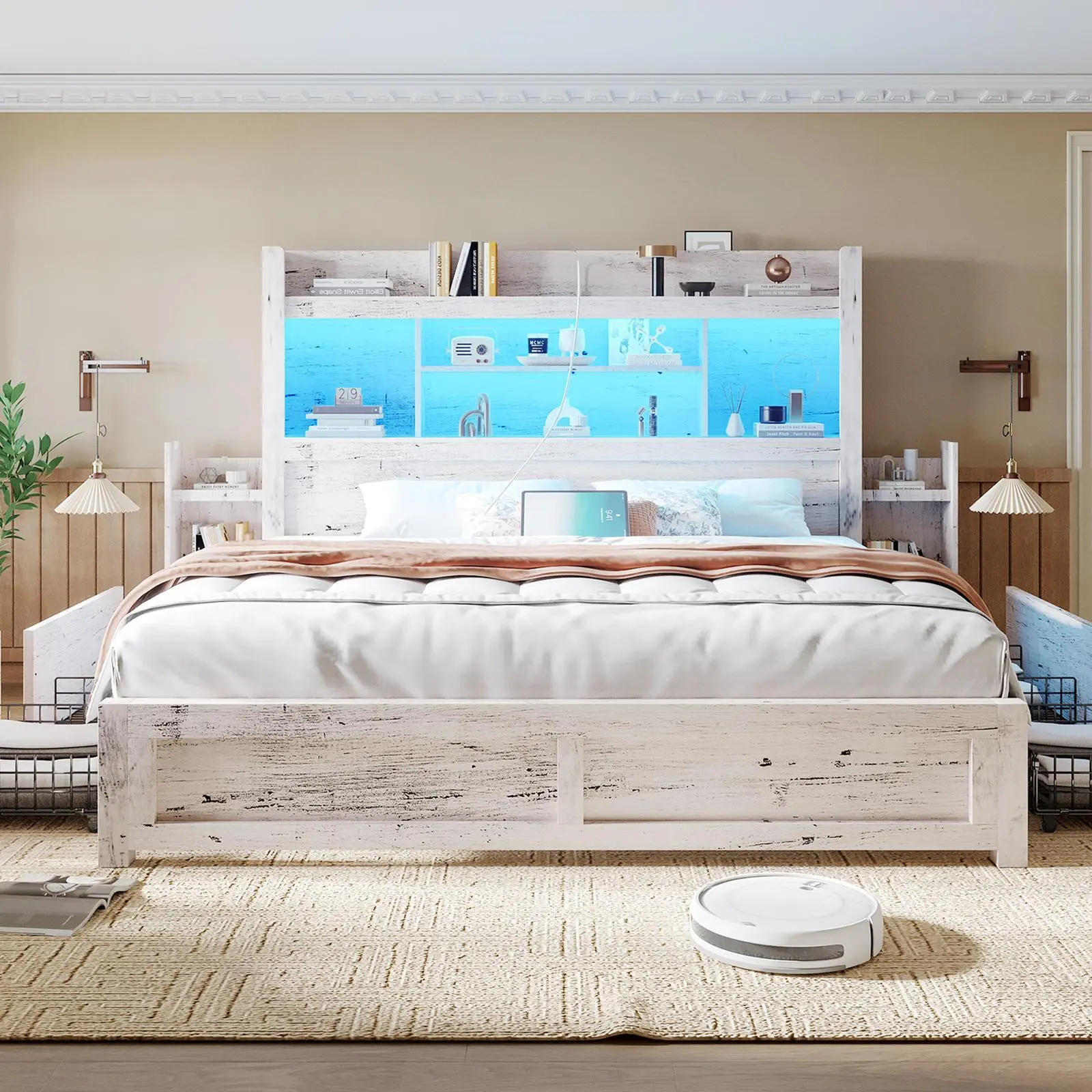【Ships in 2 Boxes】AMERLIFE Bed Frame with 49.6" Bookcase Headboard & 2 Bedside Stoage Racks & 4 Drawers, Farmhouse Wood Bed Frame with RGB LED & Charging Station,Best Gift Ideas/Christmas Gifts #homemakeover