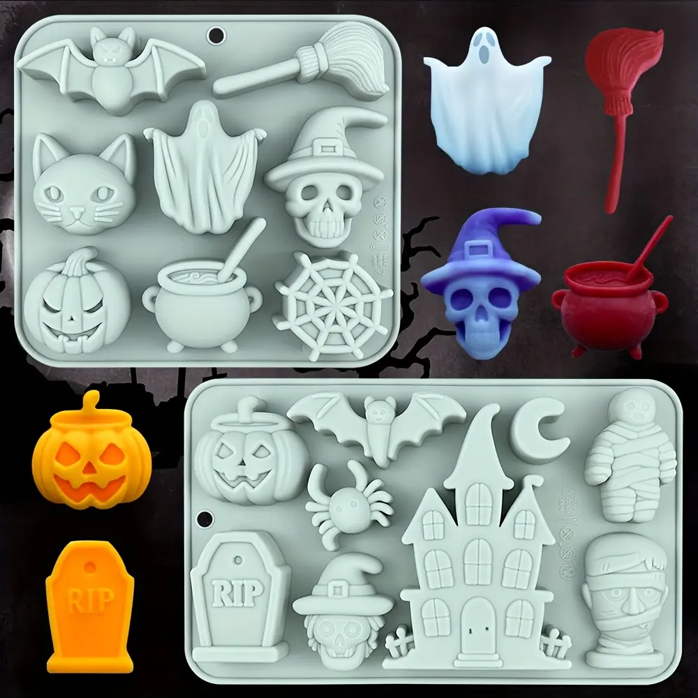 Silicone Halloween Spooky Skull Pumpkin Mold Set - 1pc/2pcs Baking Tray with Multiple Molds (Ghost, Spider, Bat, Castle, Cat, Broom, Mummy Shapes) for Party Treats & Candies