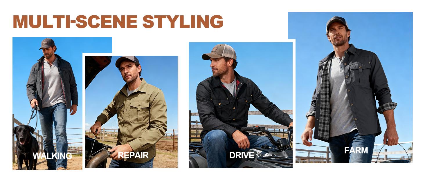 Men's Flannel Lined Shacket Lightweight Warm Snap Western Plaid Shirt Jacket for Outdoor Cowboy Casual Work