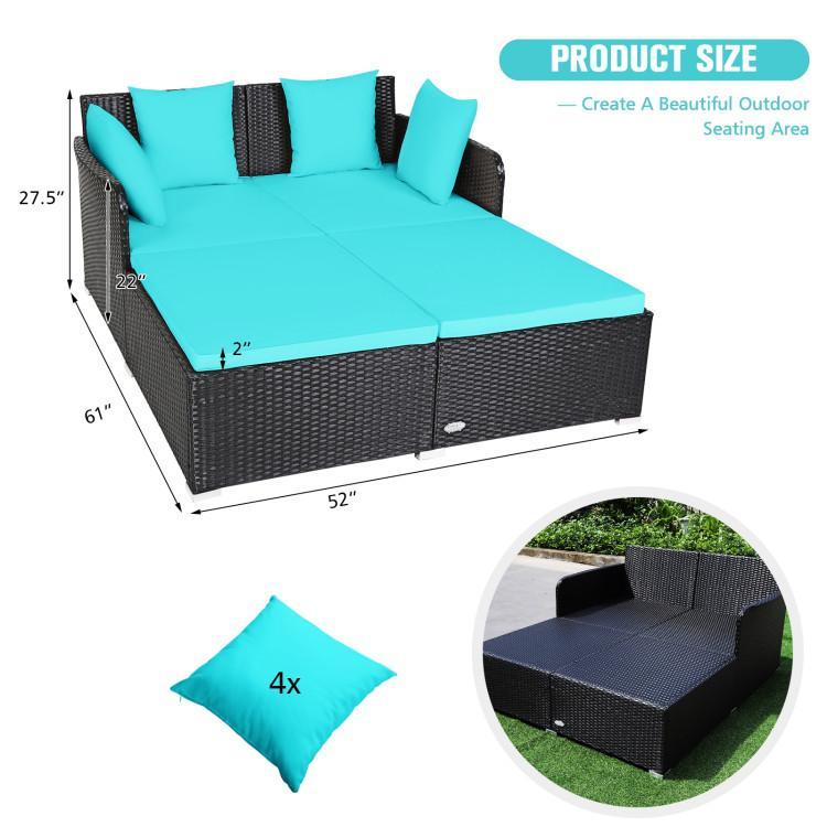 Spaco Outdoor Rattan Daybed, Sunbed Wicker Furniture w/Spacious Seat, Upholstered Cushion & High-Resilience Sponge, Wicker Patio Sofa Set w/Extra Pillows for Courtyard Poolside