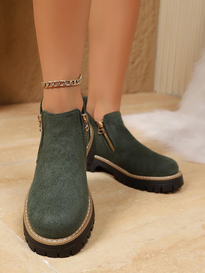 Women's Fashion Thick-sole Ankle Boot Comfortable Slip-Resistant Side-Zip Boots Solid-Color Low-Top Fall/Winter Casual Shoes
