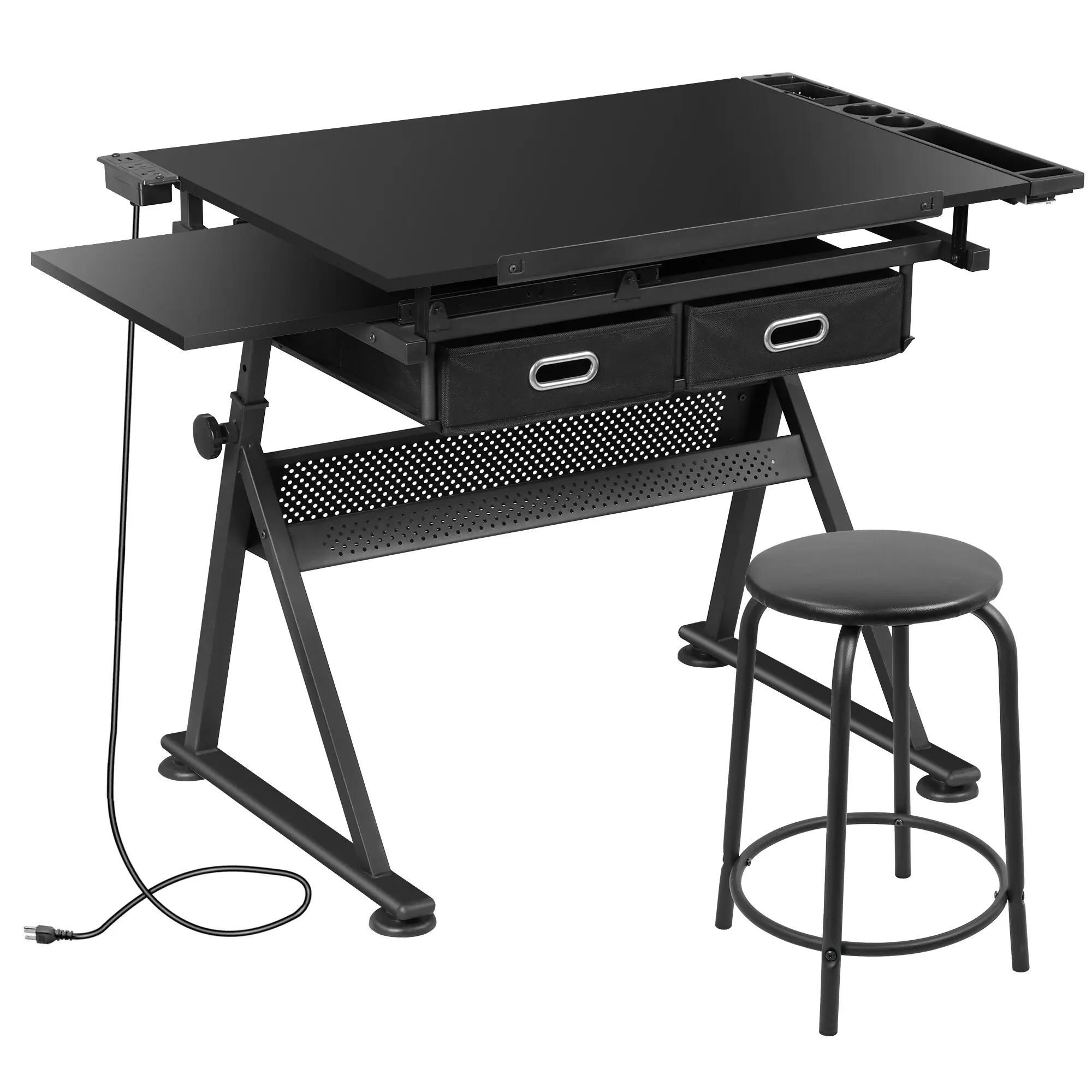 Segawe Steel-Wood Drafting Art Desk - 3-Height & Angle Adjustable, Sturdy Triangle Legs, Black Rectangular Frame, Slideout Drawers, Under-Desk Shelf, 2-Table Workspace, Adult Commercial Office Furniture