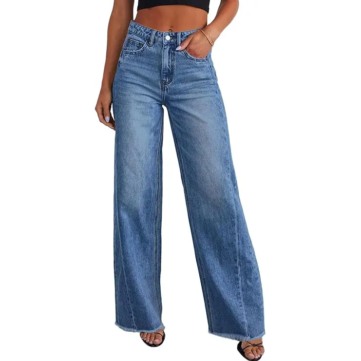 PrettyGarden Womens Wide Leg Jeans Trendy  Classic High Waisted Stretchy Baggy Raw Hem Denim Palazzo Pants with Pockets, Minimalist Streetwear Basic Trousers Wideleg Womenswear
