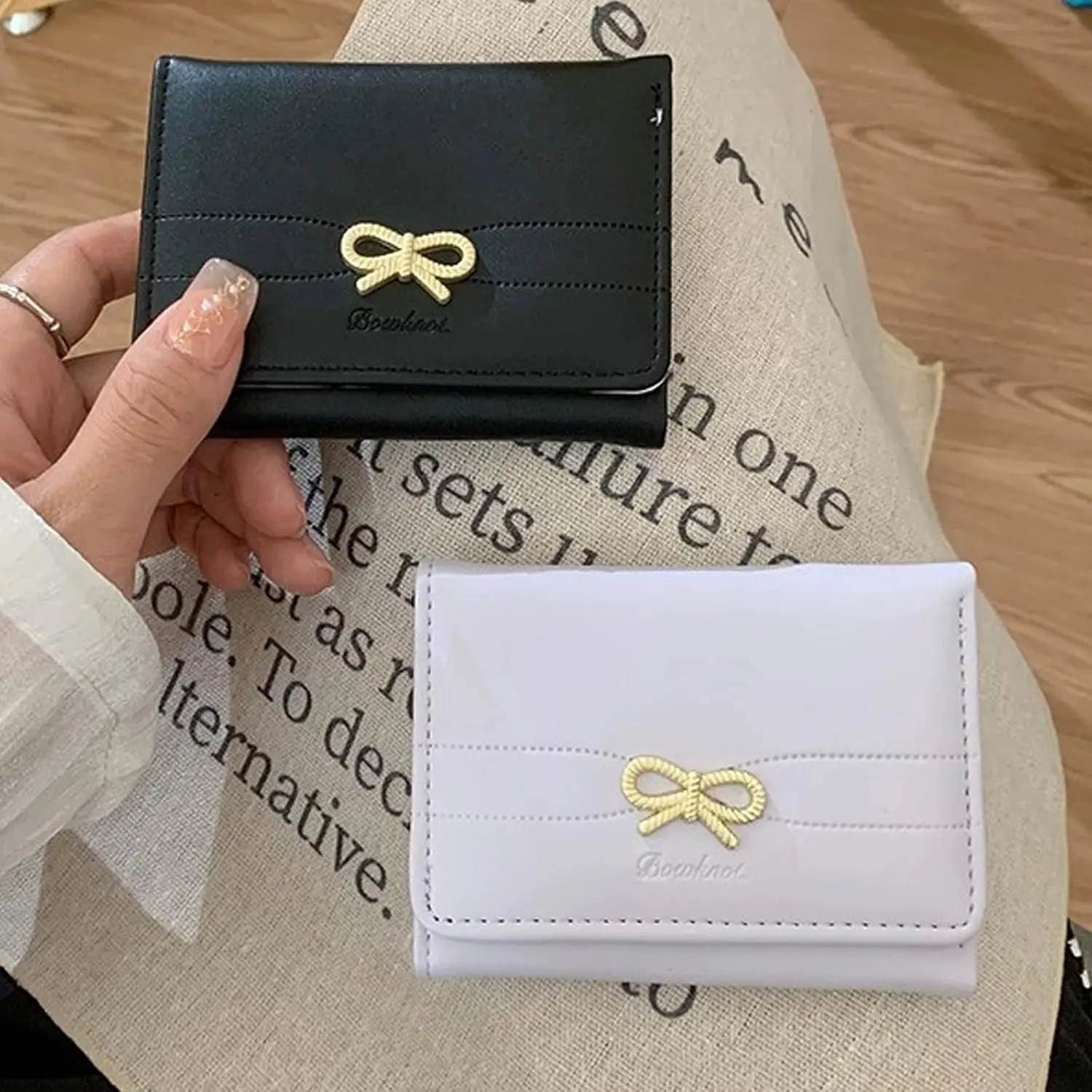Women's Cute Coquette Bow Accent Smooth Texture Mini Wallet - RFID Shielding Compact Card Holder with 7 Card Slots, Cash Slot, ID Window, Daily Use Gift