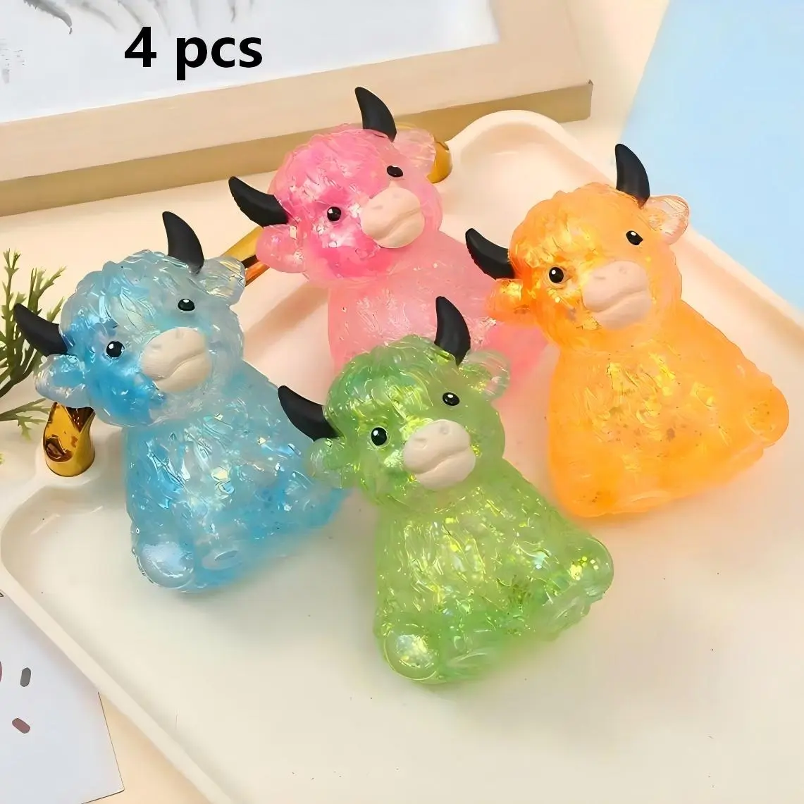 4pcs Mini Highland Cow Squishy Set - Slow-Rising Stress Relief Gadget, ADHD Sensory Fidget Toy, Oddly Satisfying Fun Gifts, Easter Baskets Stocking Stuffers for Cow Lovers