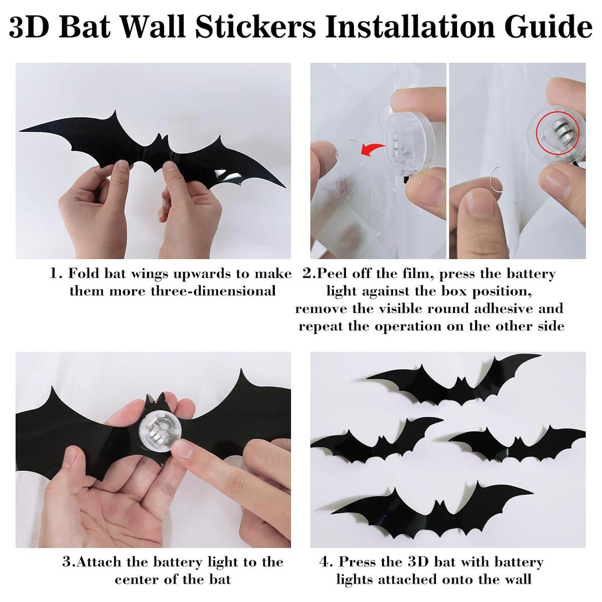Halloween 3D Lighted Bats, 2025 New 3D Led Bats Lighted Stickers Decor Light - Hanging Wall Luminous Glow Clings for Home Bar Halloween Party (Bats-12pcs)