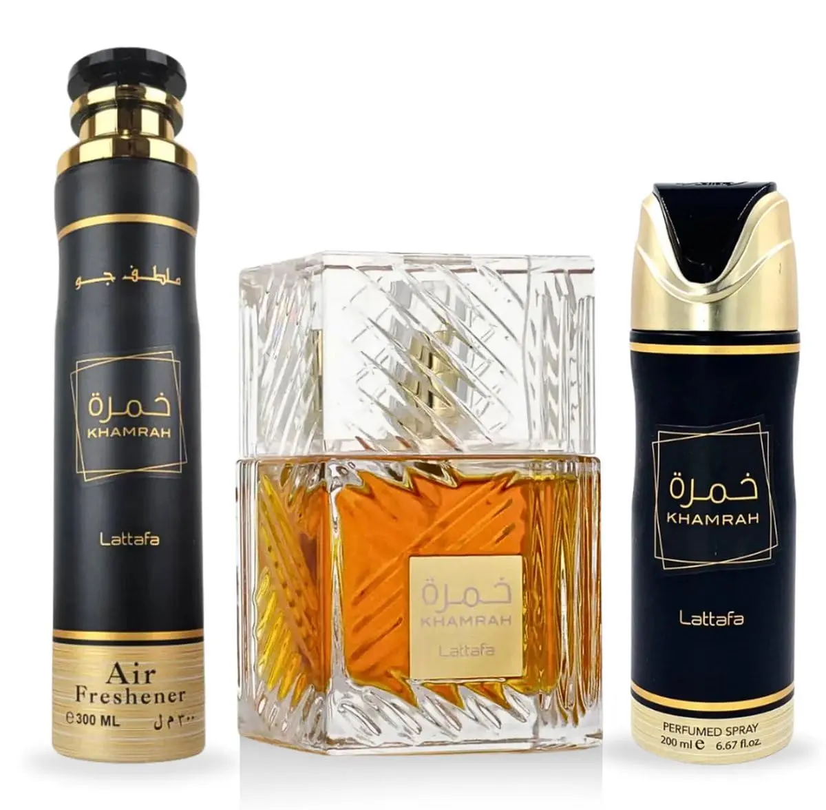 Lattafa Khamrah Aromatic Unisex Fragrance Multi-Pack Bundle, 3-Piece Set (3.4 Fl Oz EDP, 6.67 Fl Oz Deo, 10.14 Fl Oz Scented Air Freshener)