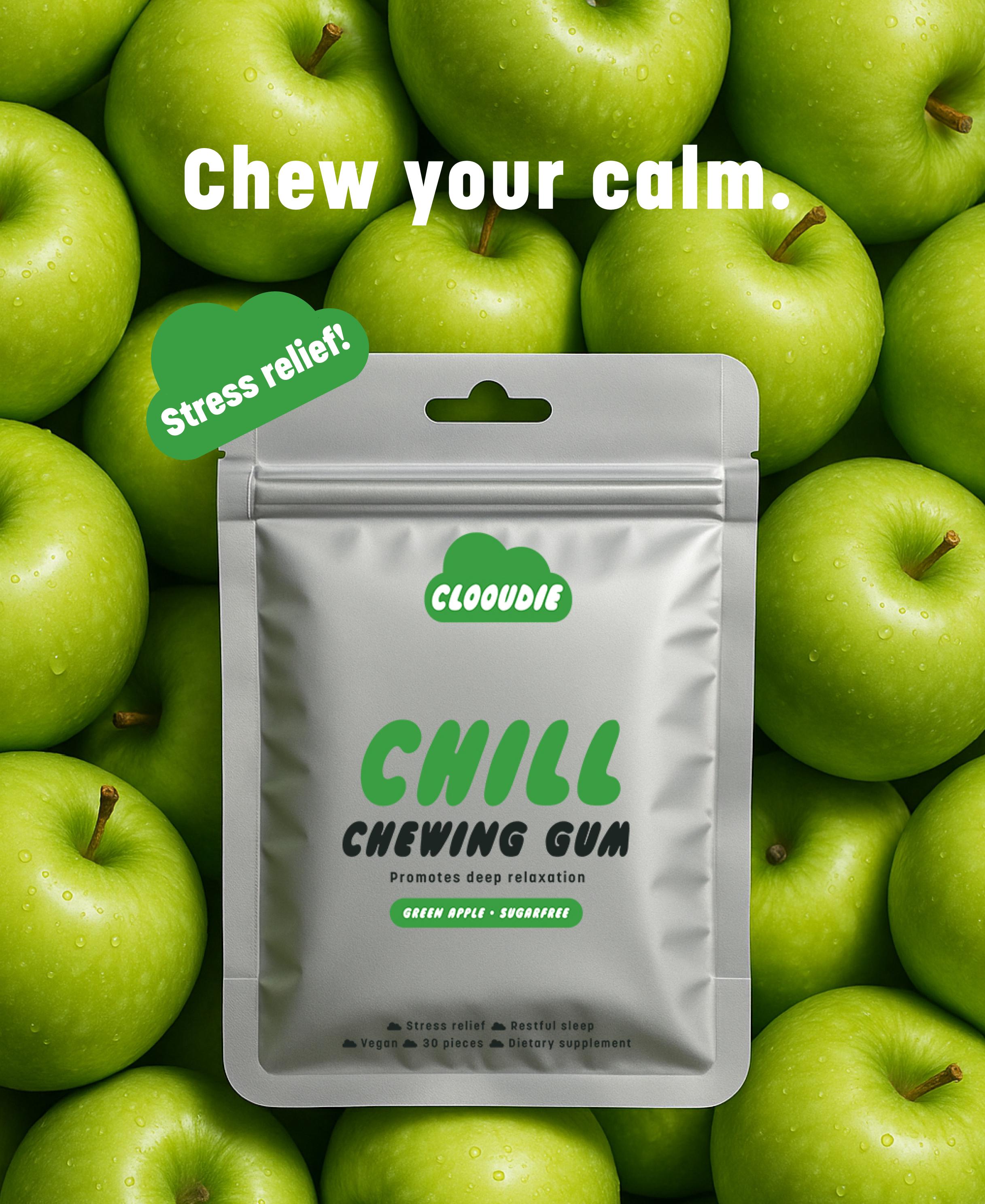 Clooudie Chill Chewing Gum, Green Apple Favor, 30 Gum, Calm & Ease Stress Support, Gaba, Clinically Tested, Vegan & Non-GMO, Sugar Free