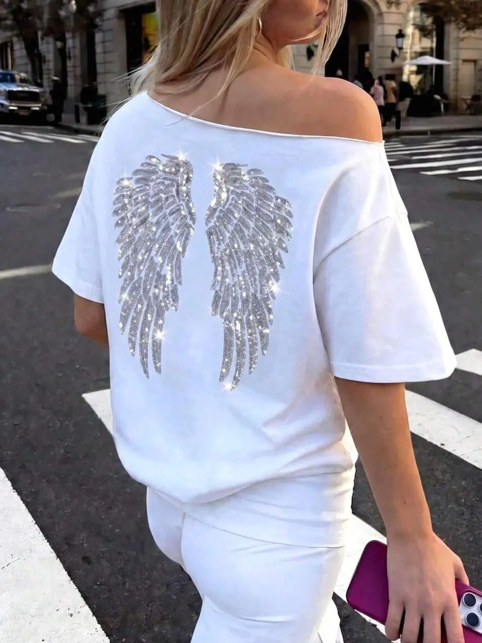 Sequin Embroidered Angel Wings T-Shirt, Oversized Y2K Asymmetrical Shoulder Graphic Tee for Summer Casual Street Style