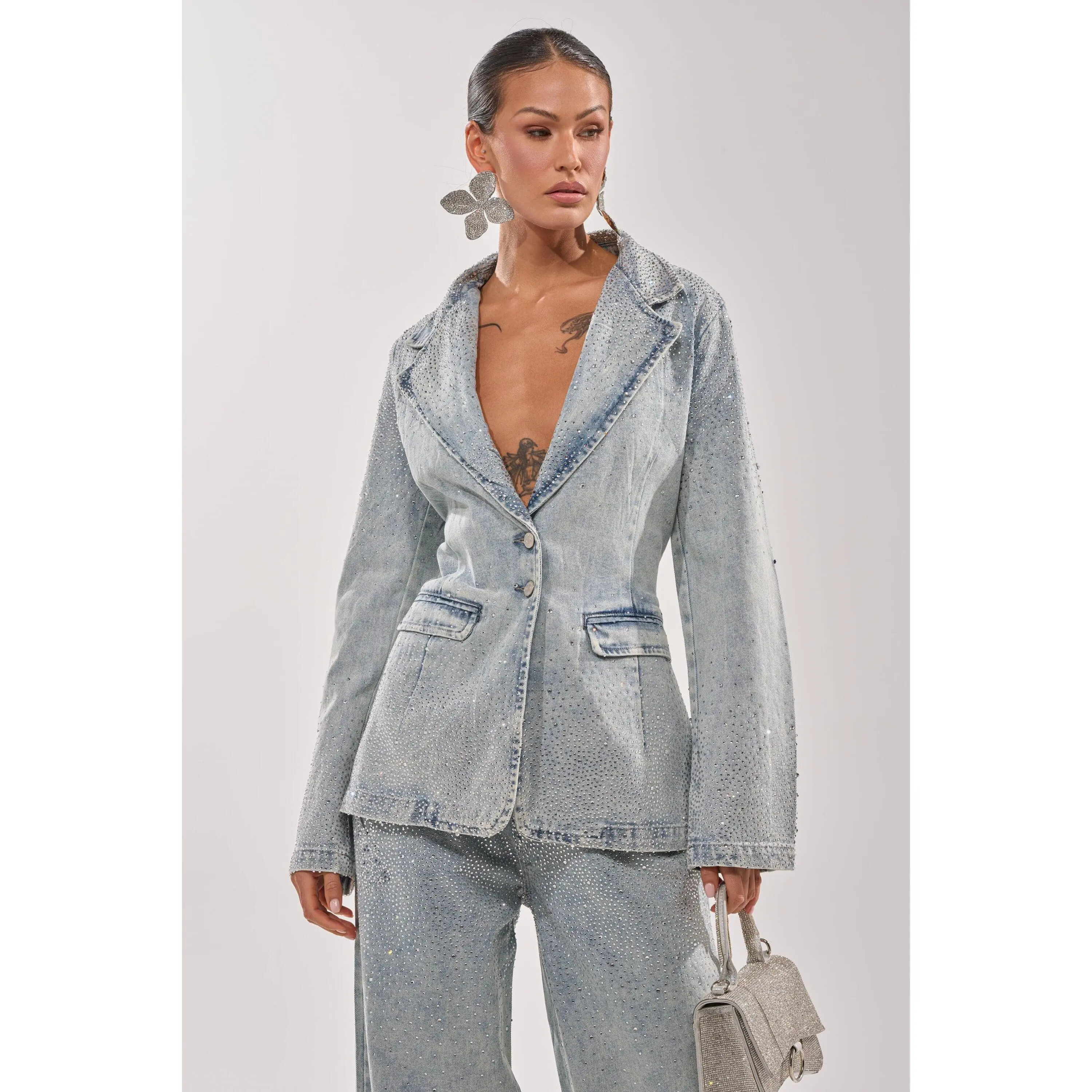 LIGHTS OUT RHINESTONE DENIM BLAZER
