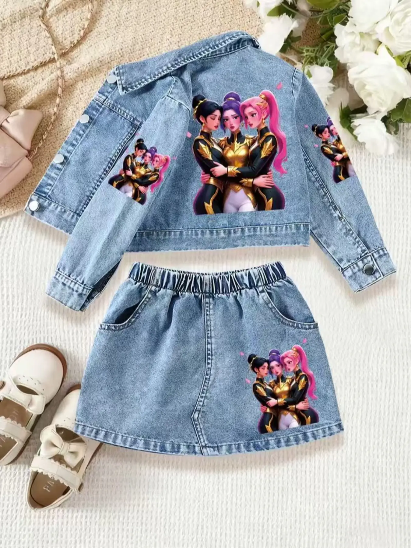 Girls' Cartoon Print Denim Jacket & Short Skirt Matching Outfits Set, Casual Fitted Design, Perfect for Spring & Fall, Ages 1-8, Ideal Gift, Fashion Clothes Sets