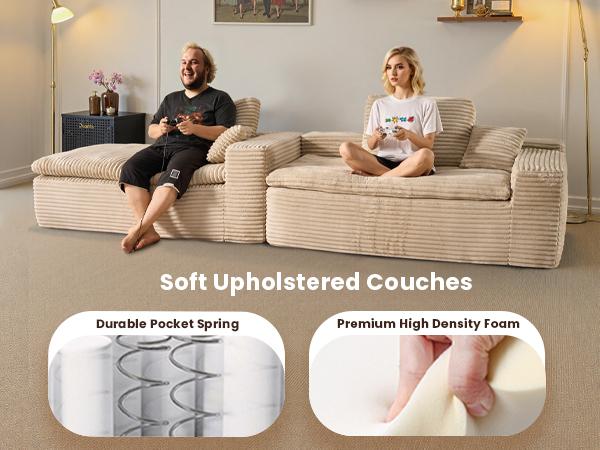 【2 Packages Shipping】Ovios 106" Modular Cloud Couch with Chaise, Upgraded Double Layer Cushion Plush Corduroy, No Assembly Required - L-Shaped Sectional Sofa Set with Flexible Configuration - 3 Seater