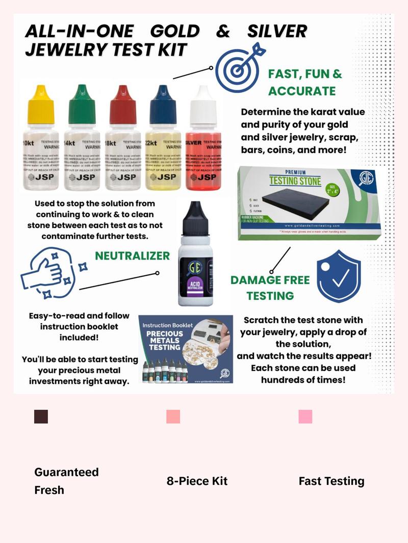 Gold and Silver Jewelry Testing Solutions Kit 10k 14k 18k 22k 24k Scratch Stone Acid Test Scrap Bars Coins